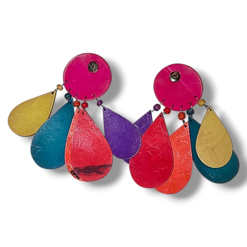 Vintage Big '80s Colorful Geometric Pierced Dangle Earrings - Picture 3 of 3